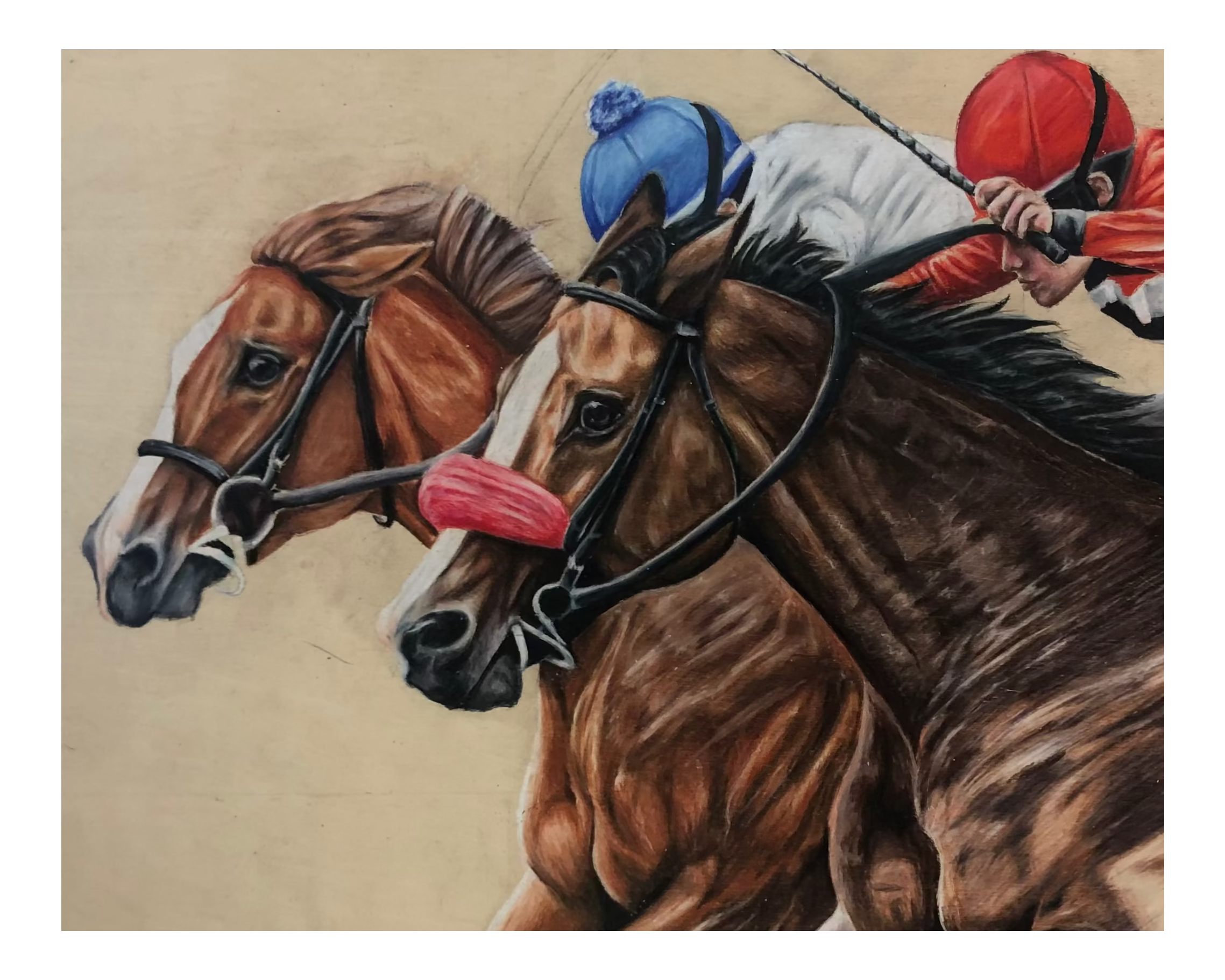 Artistic depiction of two horses racing with jockeys on a beige background